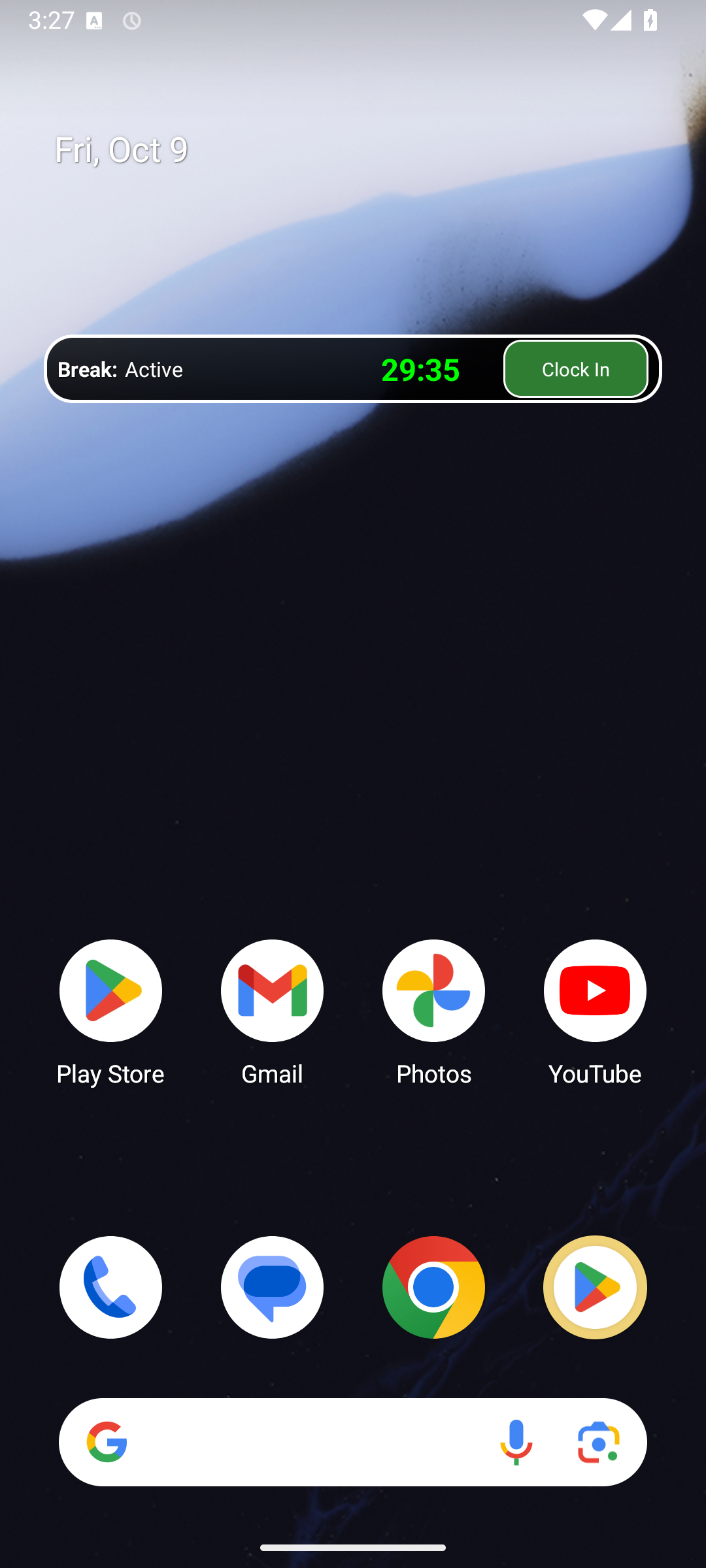 Punch Pal Android home-screen widget showing an active break countdown and a Clock In button