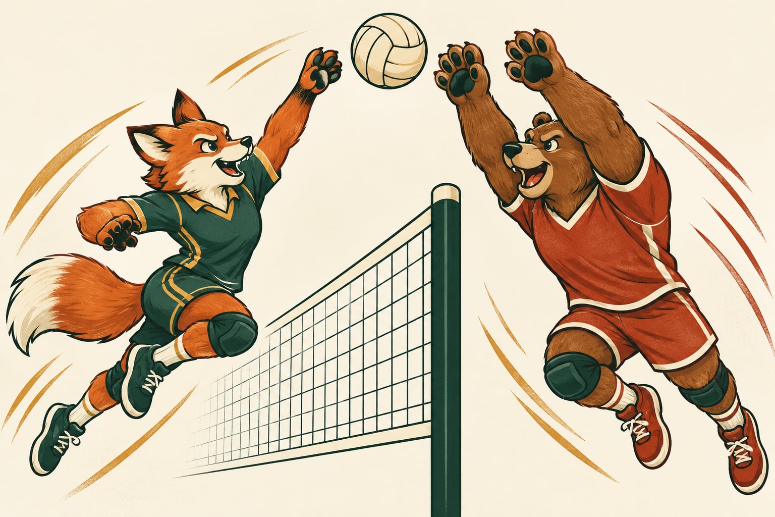 An orange fox in green and a brown bear in red leap toward a volleyball, battling above the net in a playful mascot showdown.